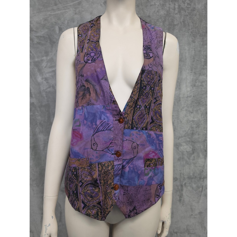 Vintage Patchwork Abstract Print Vest Purple Black Size M Accessory Lady